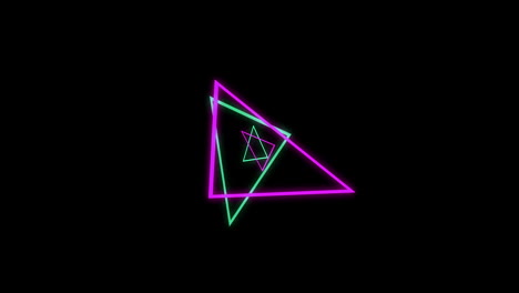 animación de triángulos de neón verdes y rosados sobre un fondo negro.