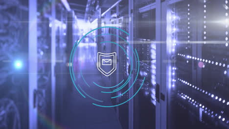 animation of shield icon and digital data processing over computer servers