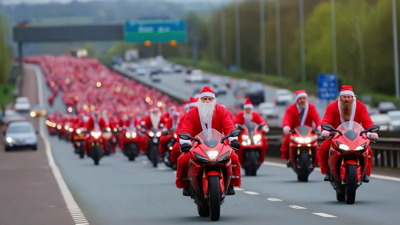 A festive parade of motorcycle riders dressed in Santa Claus costumes showcases holiday spirit and camaraderie as they traverse the highway, creating a vibrant spectacle filled with joy and celebration