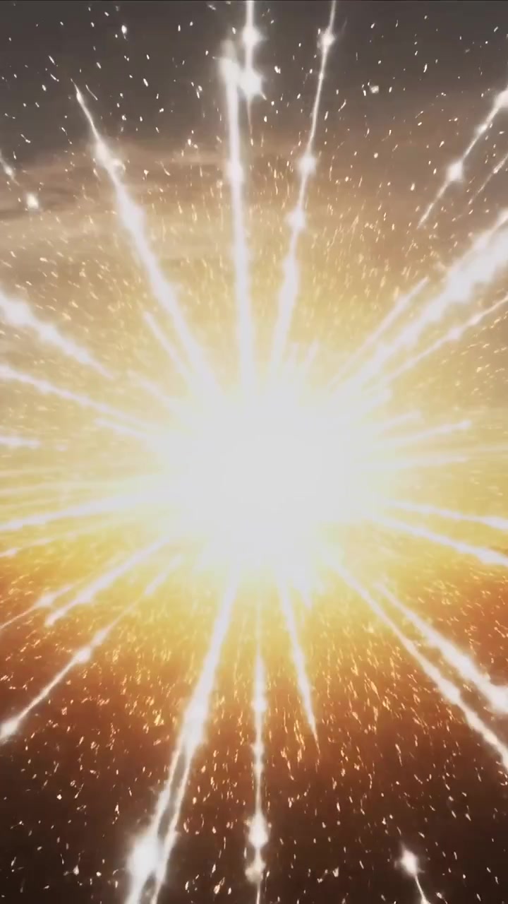 Vertical video: Intensifying central flare blasting radial beams sending sparks over sunset horizon