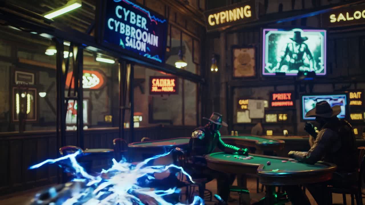 Cyberpunk Cowboys Duel at the Saloon