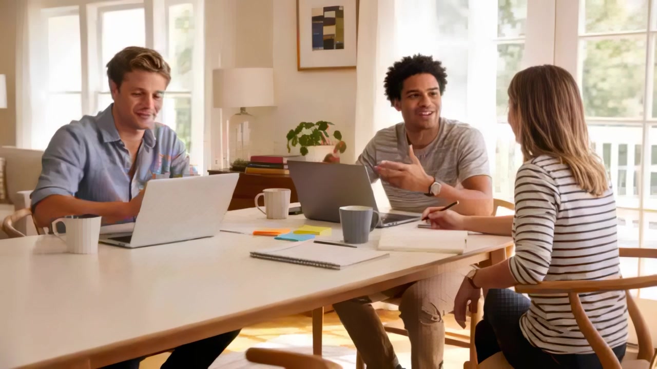 Starting center speaker leaning forward, team in casual attire noting on laptops at home planning