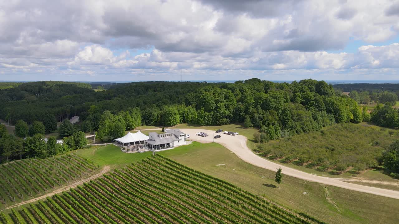 Aerial view of vineyard and winery near Traverse City Michigan, up in Leelanau county, USA