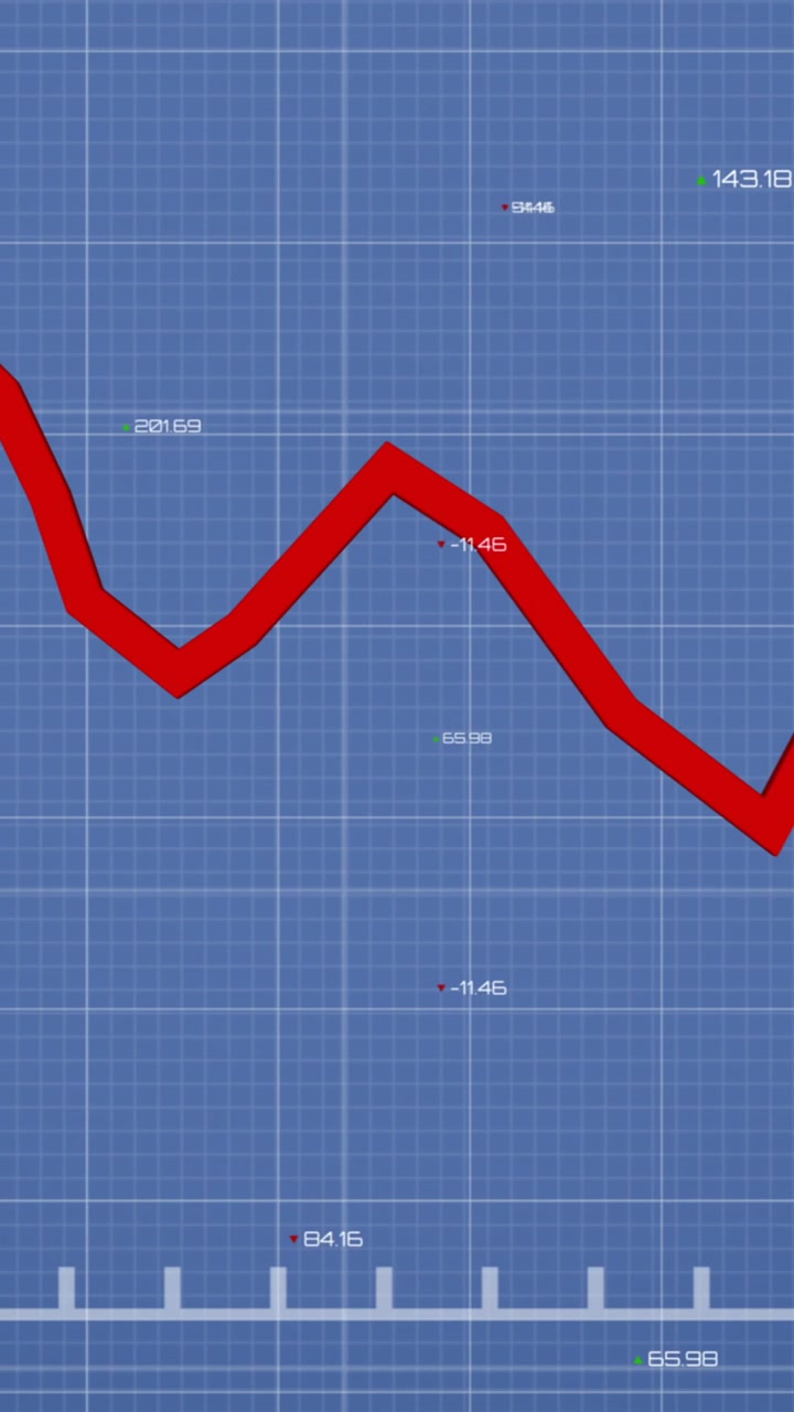 Animation of red line and financial data processing over blue background