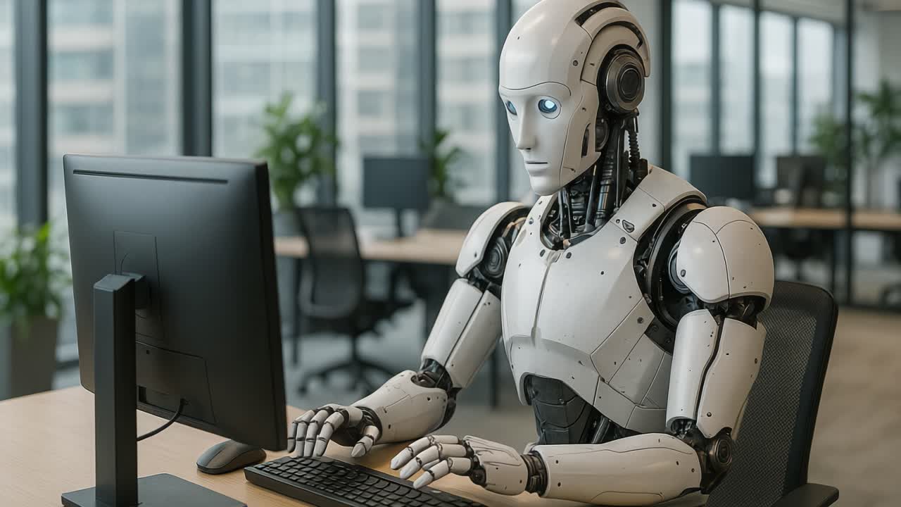 In a contemporary office space filled with natural light, a humanoid robot sits at a sleek desk, focused on a computer screen. The robot skillfully types, showcasing advanced technology and its role in today's workplace. Surrounded by green plants and minimalistic furniture, this setting highlights 