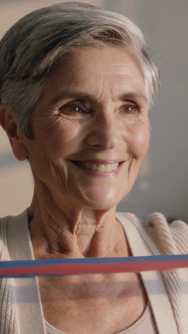 Video verticale: Anziano sorridente con cardigan che tiene una fascia rossa e blu a casa, interagendo con la telecamera.
