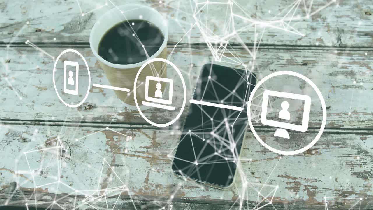 나무 표면에 스마트 폰과 커피 컵에 대한 디지털 아이콘 네트워크의 애니메이션