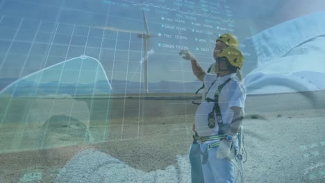 animación del procesamiento de datos financieros sobre diversos trabajadores y turbinas eólicas