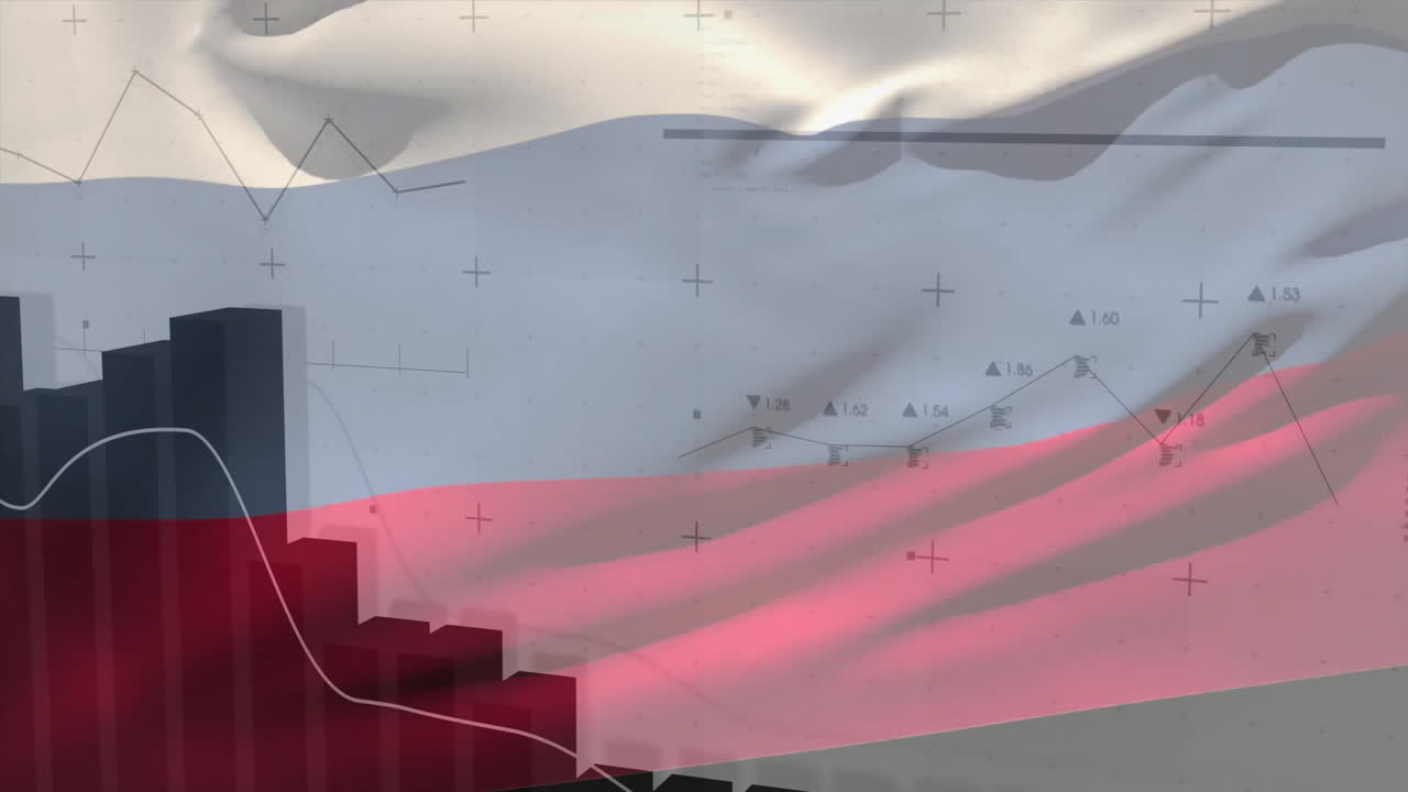 Bar graph and data analysis animation over waving flag background