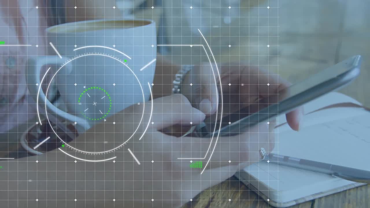 animación de la exploración del alcance sobre la mujer usando un teléfono inteligente