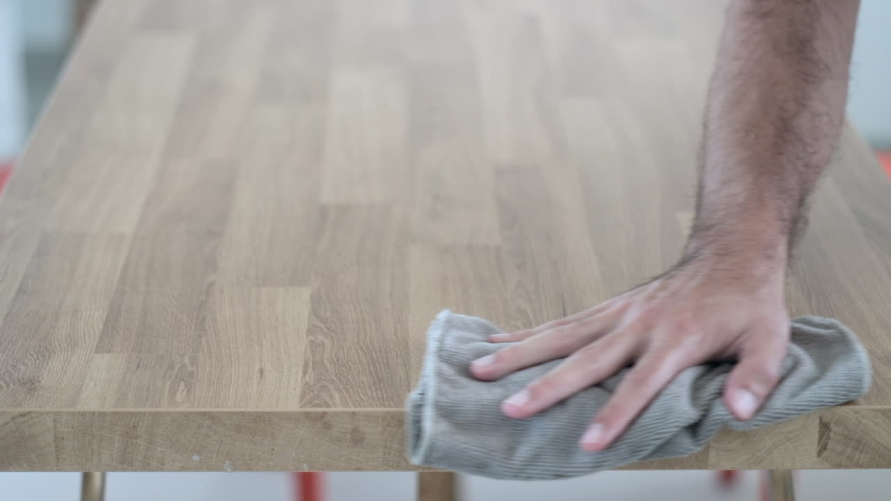 persona limpiando una superficie de mesa de madera con un paño