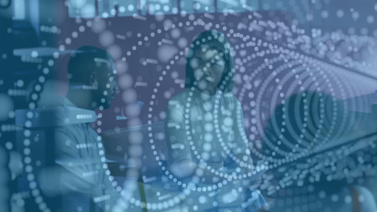 Colleagues discussing business in office lounge, featuring animated data circles and tablet display