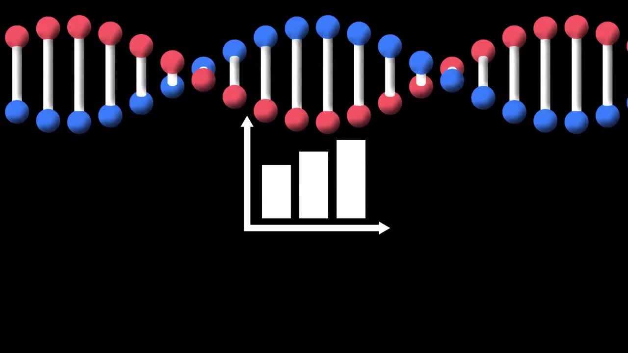 검은 바탕 위에 회전하는 dna 가닥과 움직이는  ⁇ 색 그래프의 애니메이션