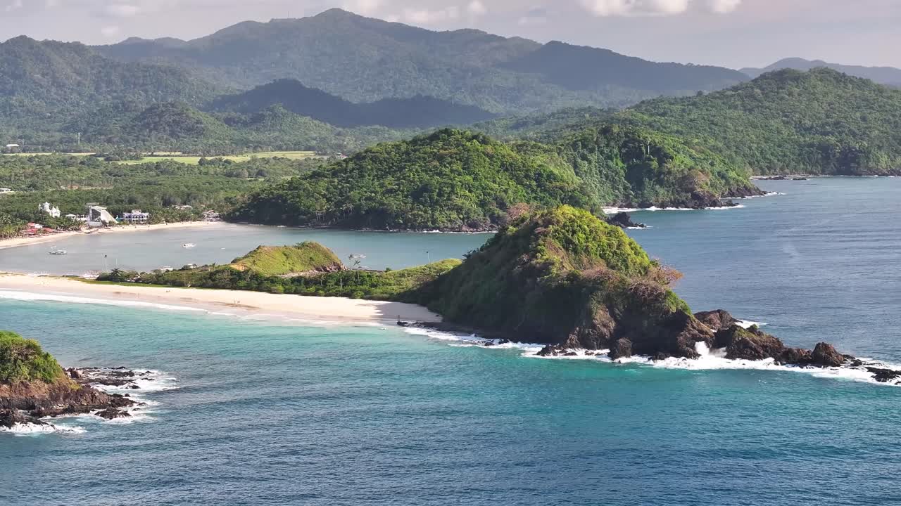 Aerial scenic of Nacpan Beach and Palawan Island coastline, tropical landscape. Philippines.