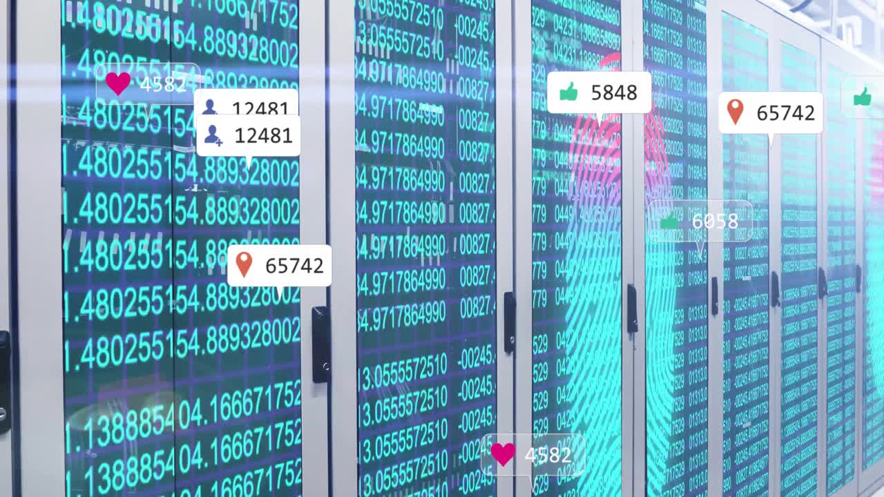 Codice server che scorre, lanciando un ologramma di impronta digitale che appare gradualmente con icone fluttuanti che aggiornano le metriche