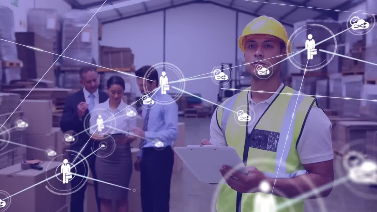 animación de la red de conexiones entre diversas personas que trabajan en el almacén