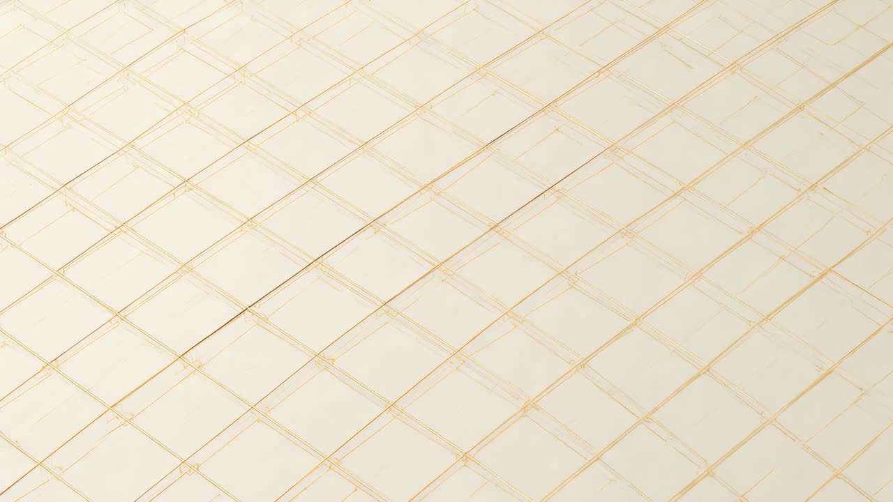 Panning camera revealing cream-beige tiled surface in corridor, centering diagonal diamond grid