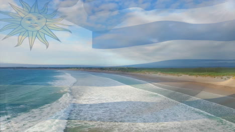 composición digital de la bandera uruguaya ondeando contra la vista aérea de la playa y el mar