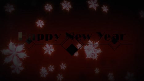 animation of new year greetings over decoration and snow falling in background