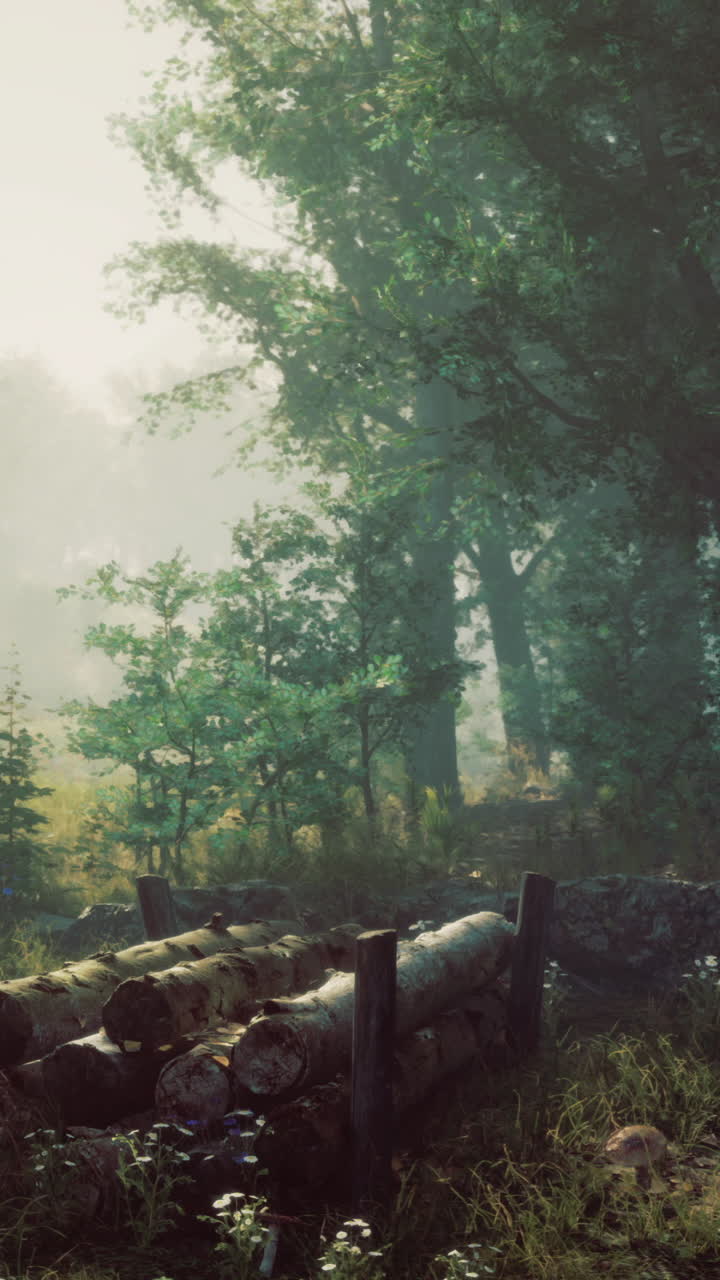 Enchanted forest clearing with mist and logs nestled among vibrant greenery