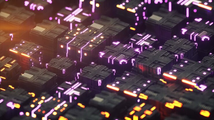 Futuristic techno structure of metallic cubes seamless loop 3D render animation