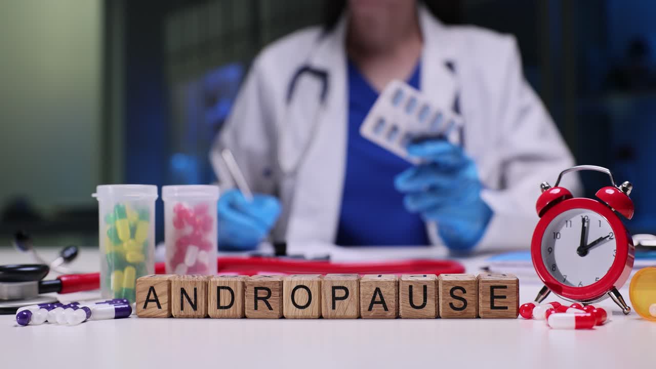 Wooden letter blocks clearly form word andropause by doctor