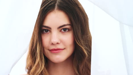 woman, face and skincare glow with curtain in self