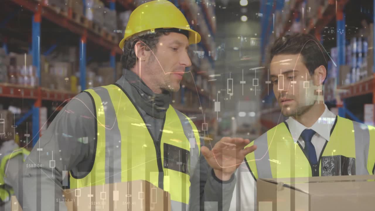 백인 남성 감독자와 노동자가 창고에서 논의하는 것에 대한 통계 데이터 처리