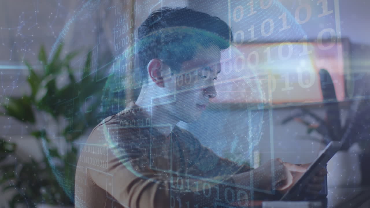 animación de codificación binaria y red de conexiones sobre el hombre usando tableta