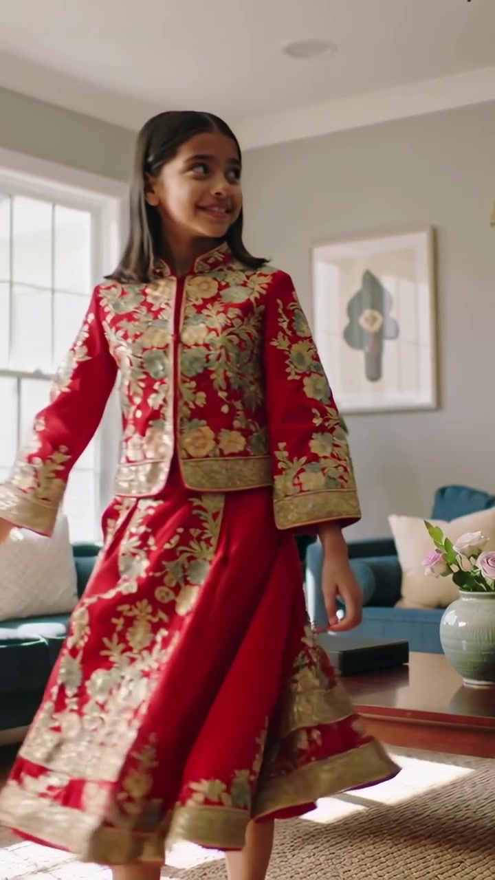 Vertical video: Spinning girl wearing red gold embroidered dress crossing living room, passing vase