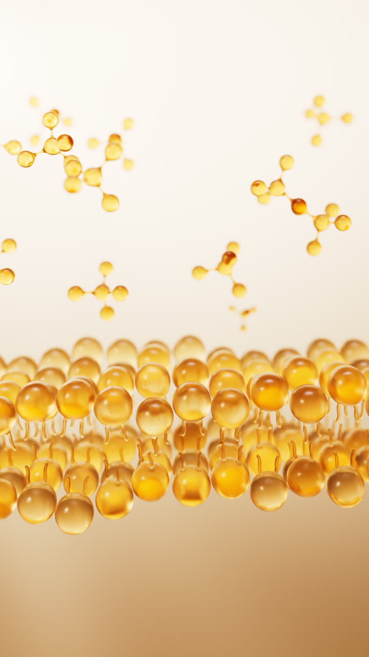 Membrana bilaminare trasparente dorata con molecole cosmetiche, rendering 3D