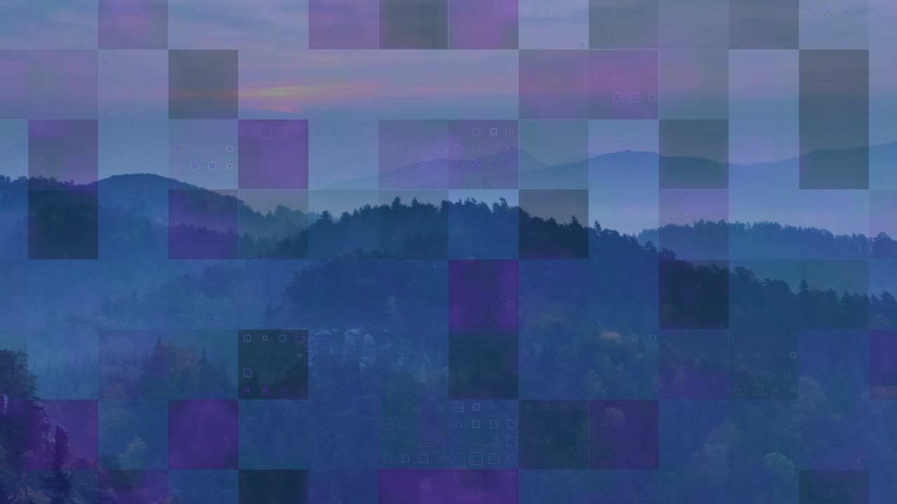 Animation of data processing and icons over landscape