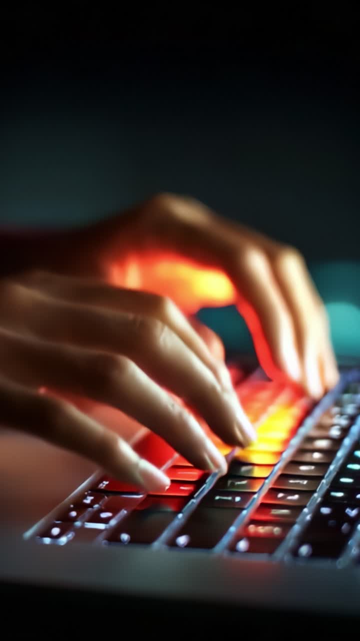 Primo piano di mani che digitano su una tastiera retroilluminata, catturando la luce dei tasti e il movimento concentrato dell'interazione digitale in un ambiente buio