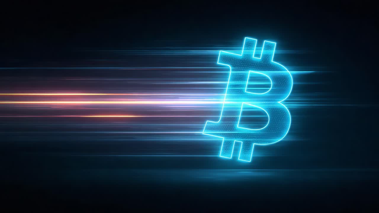 Dynamic Representation of Cryptocurrency: A Glowing Bitcoin Symbol in Motion with Vibrant Light Trails Against a Dark Background