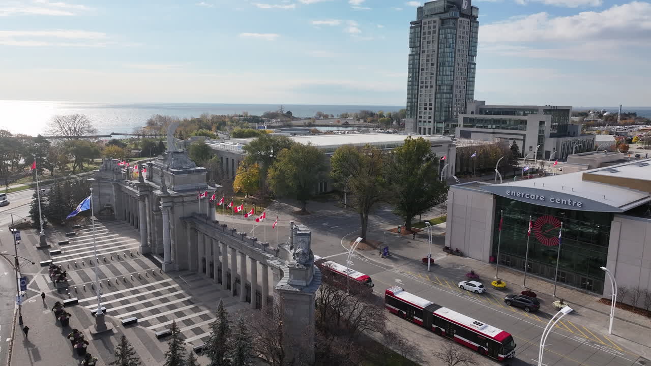 Drone shot flying past the Princes Gates monument at the CNE grounds in Toronto