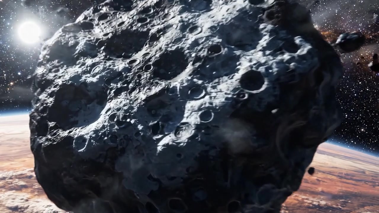 Uno straordinario incontro cosmico: che esplora l'affascinante interazione tra un asteroide e un pianeta nello spazio profondo su uno sfondo stellato.