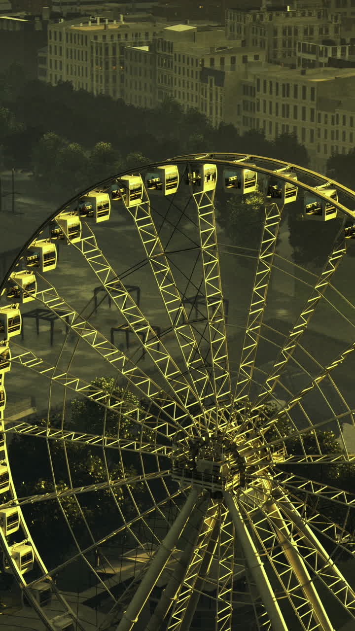Vibrant ferris wheel at dusk in urban amusement park setting