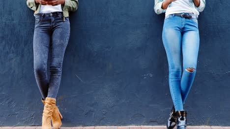 lesbian couple using mobile phone on a sidewalk in the city 4k