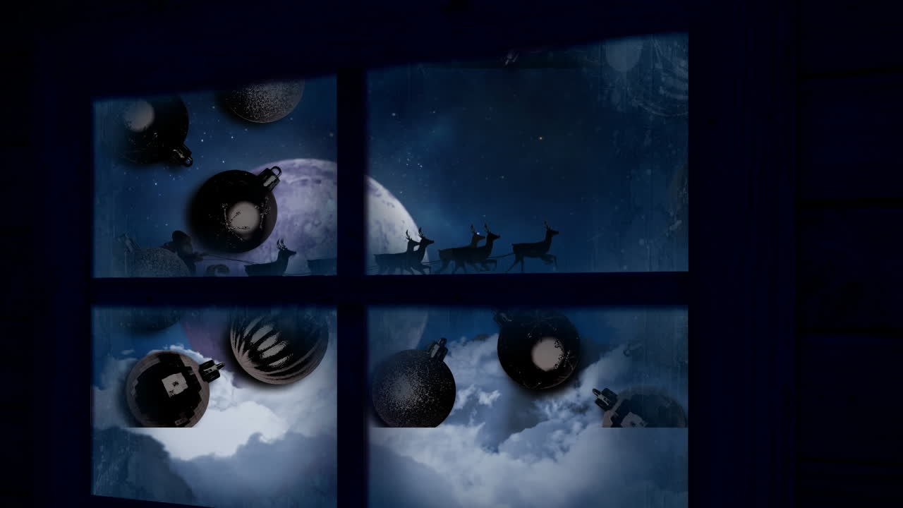 animación de santa claus en trineo con renos en el paisaje de invierno de navidad visto a través de la ventana
