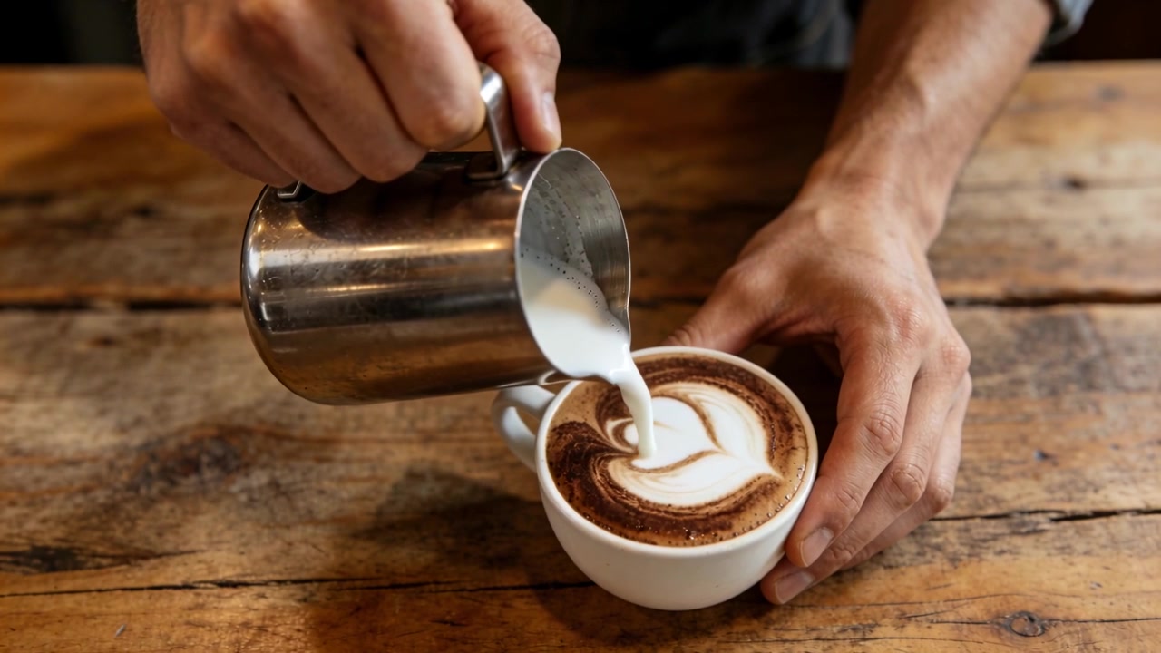 Barista che versa, notando la crema dell'espresso, crea una latte art a forma di cuore sul tavolo con una lattiera d'acciaio.