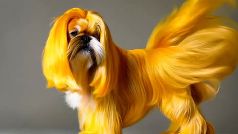 a dog with long blonde hair is standing in front of a gray background