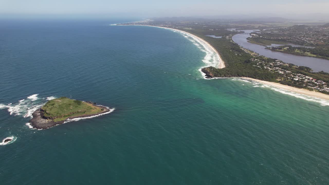 Cook Island, Fingal Head, And Tweed River On Coral Sea Coast In New South Wales, Australia. aerial static shot