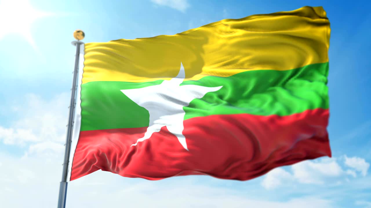 Myanmar flag seamless looping 3D rendering video. Beautiful textile cloth fabric loop waving