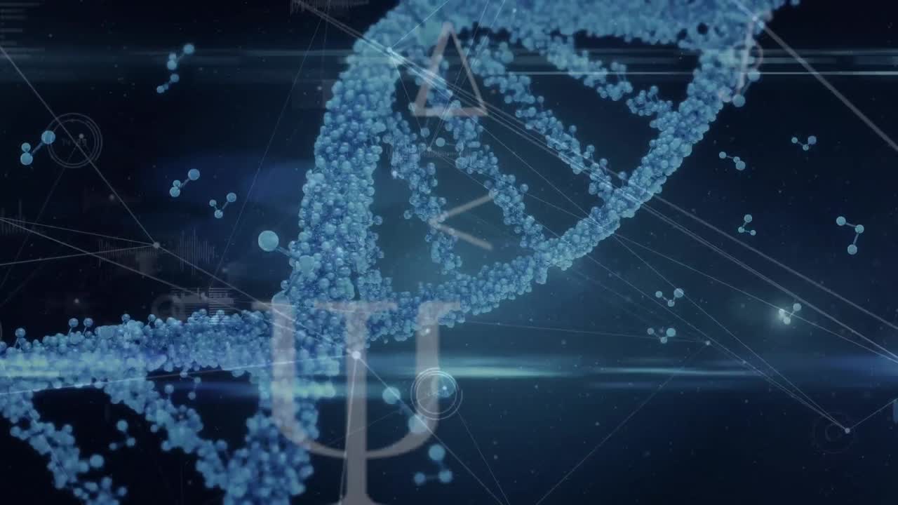 Digital animation of dna and molecular structures over network of connections on blue background