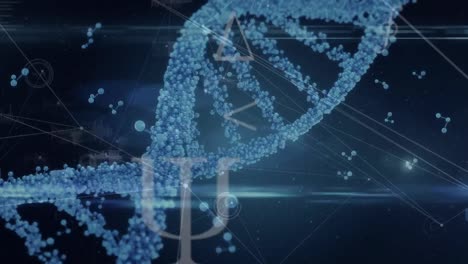 animación digital del adn y las estructuras moleculares a través de una red de conexiones sobre fondo azul