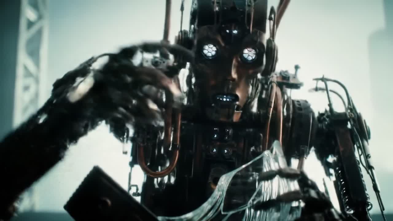 Intricate Steampunk Robot Examines Glass Object with Fascination in a Futuristic Setting, Showcasing Advanced Mechanics and Sensory Details