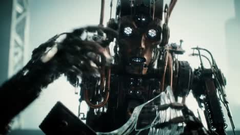 intricate steampunk robot examines glass object with fascination in a futuristic setting, showcasing advanced mechanics and sensory details
