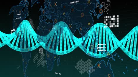 Animation-of-spinning-dna-structure-and-world-map-against-green-gradient-background