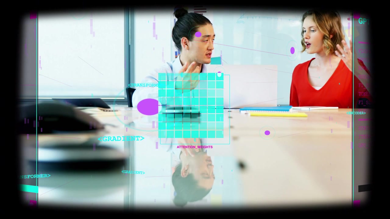 Man pointing at laptop, woman listening, activating cyan grid UI showing AI focus over glossy table