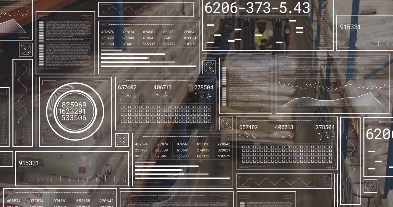 Warehouse Worker Operating Forklift with Digital Data Overlay